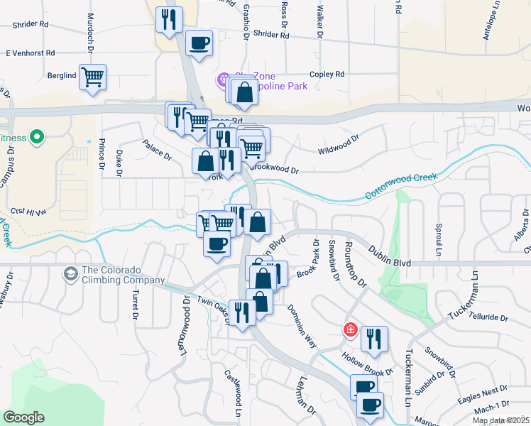 map of restaurants, bars, coffee shops, grocery stores, and more near 6655 North Academy Boulevard in Colorado Springs