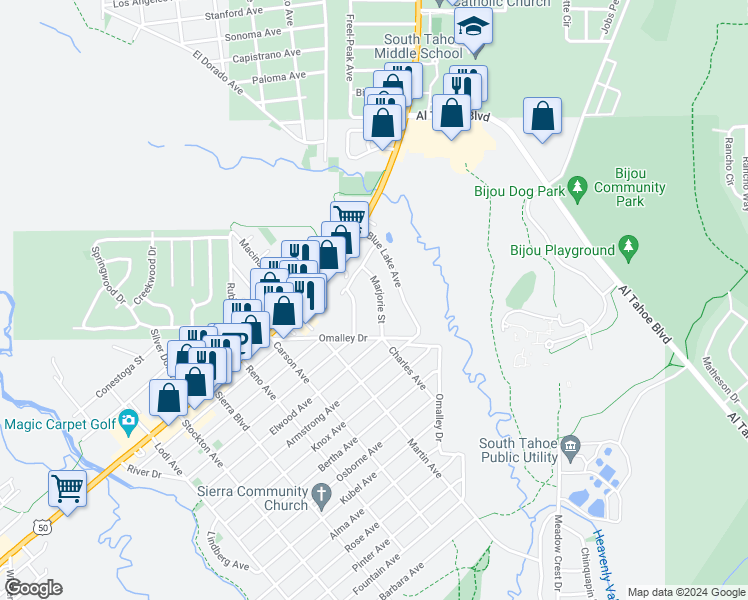 map of restaurants, bars, coffee shops, grocery stores, and more near 1068 Marjorie Street in South Lake Tahoe