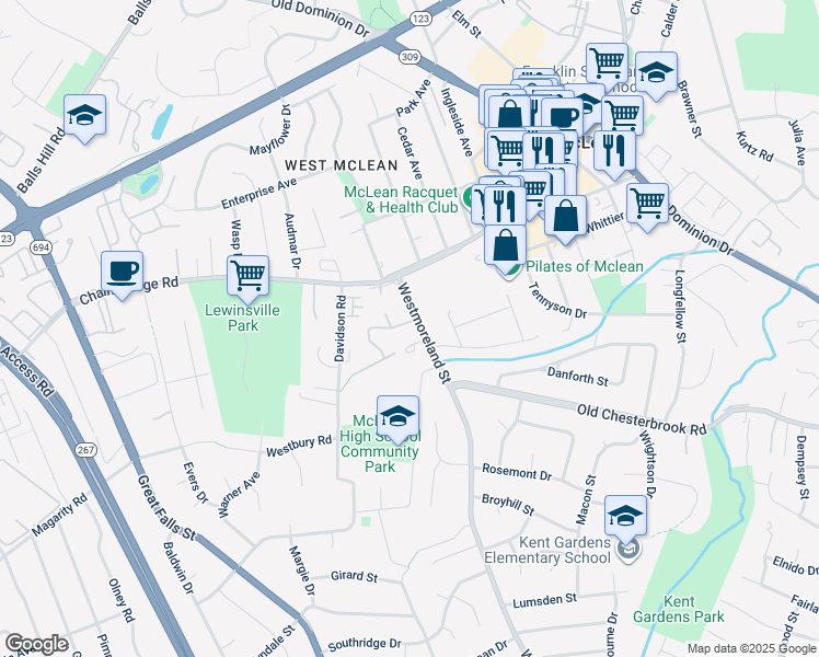 map of restaurants, bars, coffee shops, grocery stores, and more near 1556 Westmoreland Street in McLean
