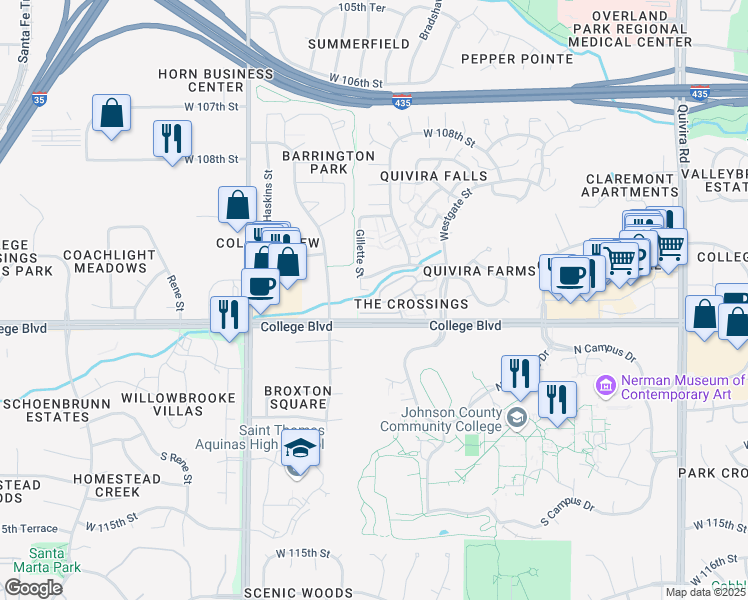 map of restaurants, bars, coffee shops, grocery stores, and more near 12792 West 110th Terrace in Overland Park