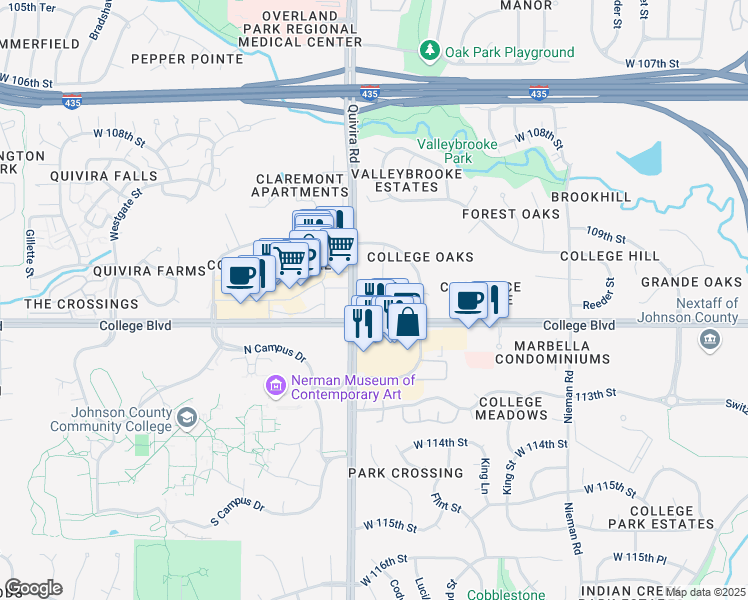 map of restaurants, bars, coffee shops, grocery stores, and more near 11880 College Boulevard in Overland Park