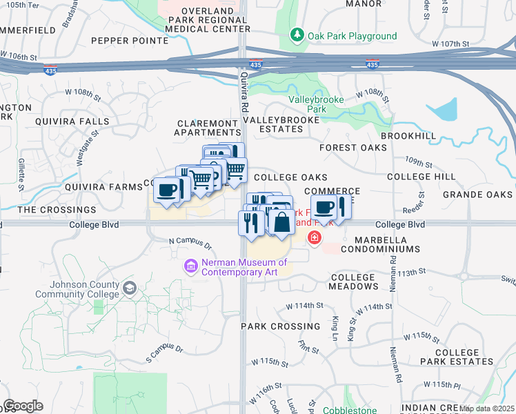 map of restaurants, bars, coffee shops, grocery stores, and more near 11880 College Boulevard in Overland Park