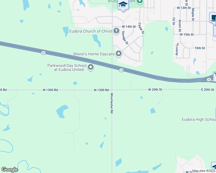 map of restaurants, bars, coffee shops, grocery stores, and more near 1301 East 2100 Road in Eudora