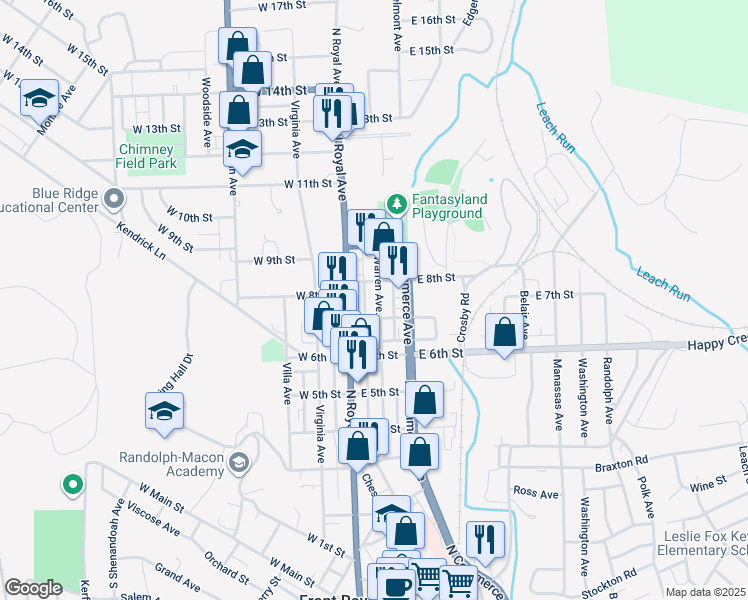 map of restaurants, bars, coffee shops, grocery stores, and more near 716 Warren Avenue in Front Royal