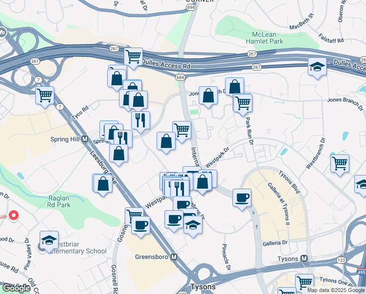 map of restaurants, bars, coffee shops, grocery stores, and more near 8350 Greensboro Drive in McLean