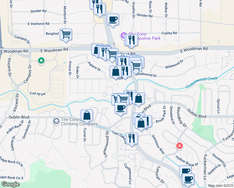 map of restaurants, bars, coffee shops, grocery stores, and more near 6679 Bethesda Point in Colorado Springs