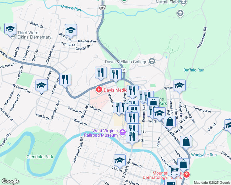 map of restaurants, bars, coffee shops, grocery stores, and more near in Elkins