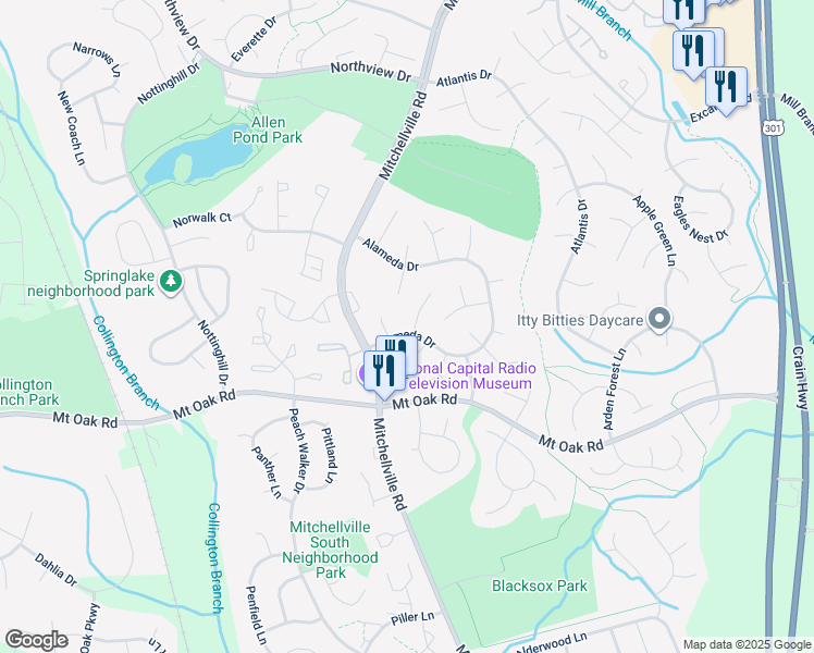 map of restaurants, bars, coffee shops, grocery stores, and more near 15708 Alameda Drive in Bowie