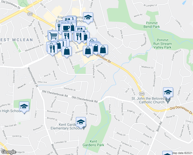 map of restaurants, bars, coffee shops, grocery stores, and more near 1525 Longfellow Street in McLean