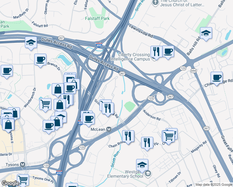 map of restaurants, bars, coffee shops, grocery stores, and more near 1591 Spring Gate Drive in McLean