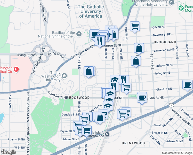 map of restaurants, bars, coffee shops, grocery stores, and more near 2834 Chancellor's Way Northeast in Washington