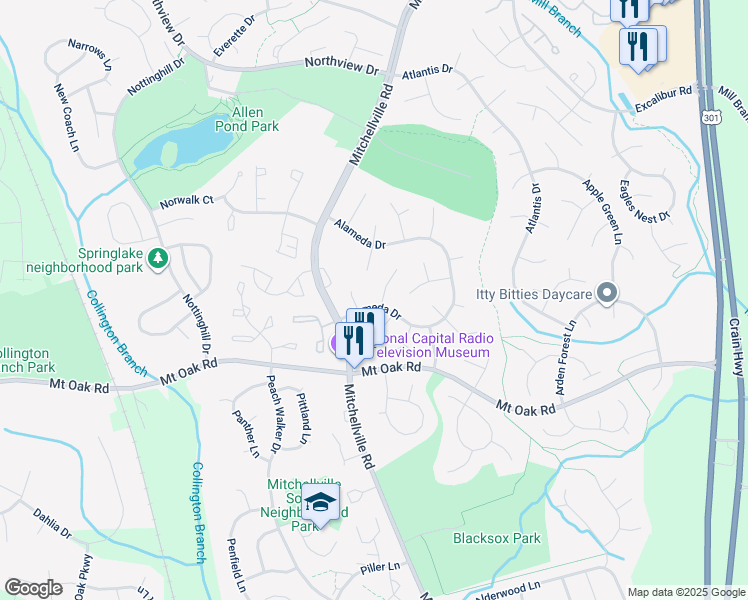 map of restaurants, bars, coffee shops, grocery stores, and more near 15708 Alameda Drive in Bowie