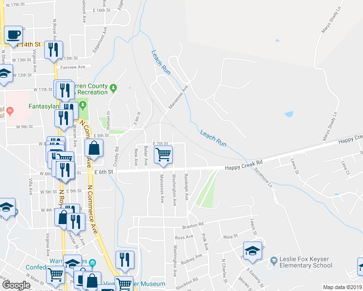 map of restaurants, bars, coffee shops, grocery stores, and more near 624 Randolph Avenue in Front Royal
