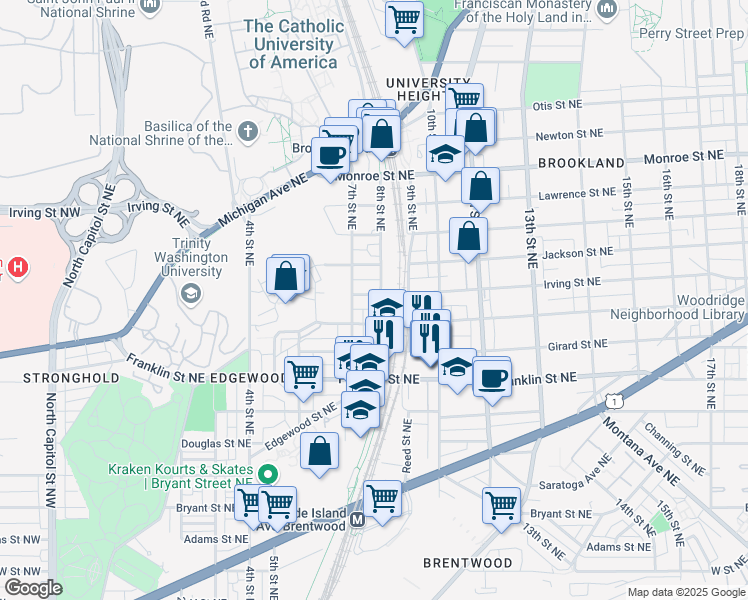map of restaurants, bars, coffee shops, grocery stores, and more near 717 Irving Street Northeast in Washington