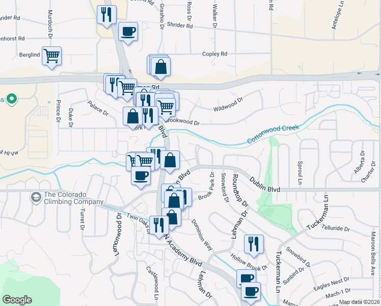 map of restaurants, bars, coffee shops, grocery stores, and more near 6617 Dublin Loop West in Colorado Springs
