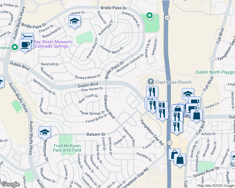 map of restaurants, bars, coffee shops, grocery stores, and more near 6614 Oak Trunk Point in Colorado Springs