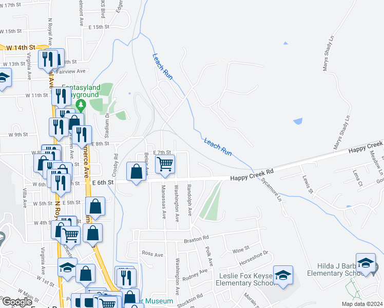map of restaurants, bars, coffee shops, grocery stores, and more near 623 Randolph Avenue in Front Royal