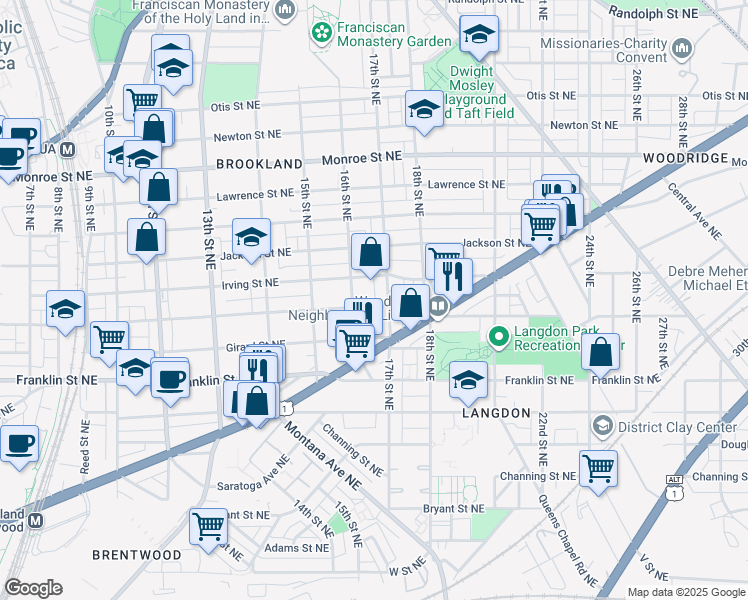 map of restaurants, bars, coffee shops, grocery stores, and more near 1620 Hamlin Street Northeast in Washington