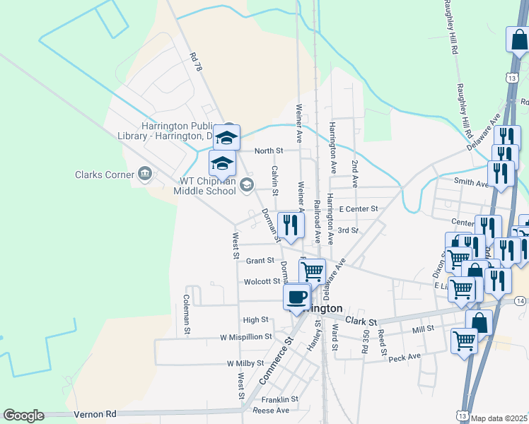 map of restaurants, bars, coffee shops, grocery stores, and more near 101 West Center Street in Harrington