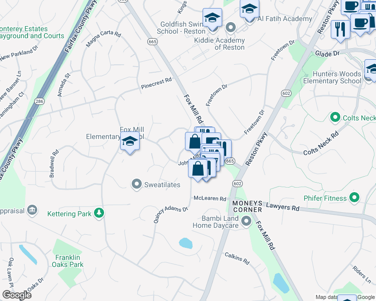 map of restaurants, bars, coffee shops, grocery stores, and more near 12457 Oliver Cromwell Drive in Herndon