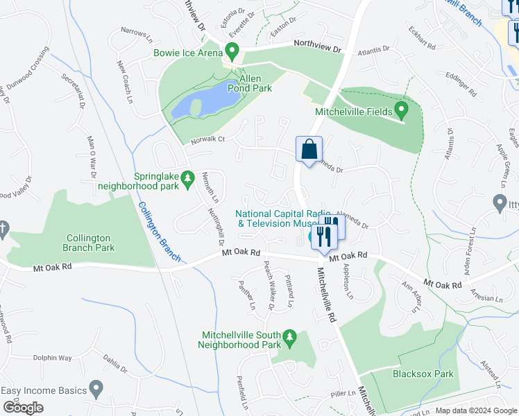 map of restaurants, bars, coffee shops, grocery stores, and more near 15515 Platte Drive in Bowie