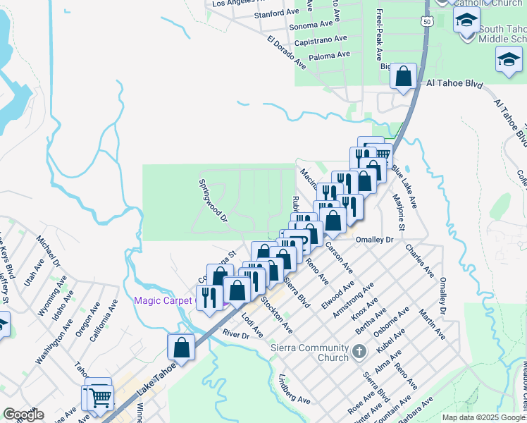 map of restaurants, bars, coffee shops, grocery stores, and more near 959 Tanglewood Drive in South Lake Tahoe