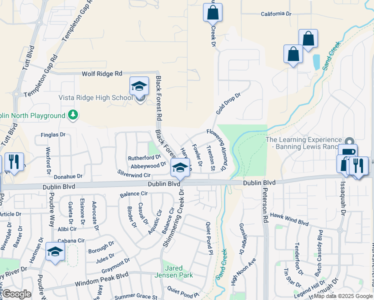 map of restaurants, bars, coffee shops, grocery stores, and more near 6623 Harvey Lane in Colorado Springs