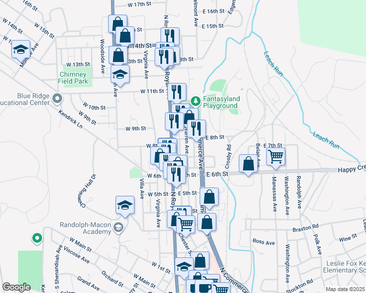 map of restaurants, bars, coffee shops, grocery stores, and more near 718 Warren Avenue in Front Royal
