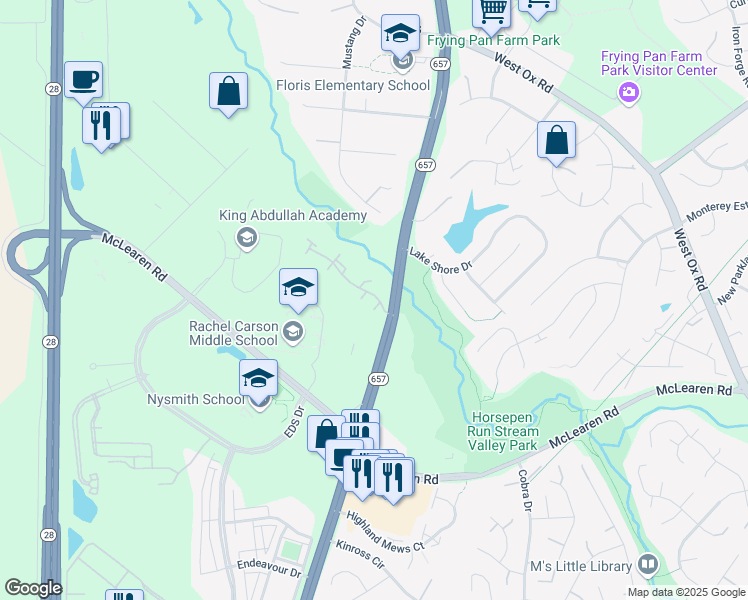 map of restaurants, bars, coffee shops, grocery stores, and more near 13567 Cedar Run Lane in Herndon