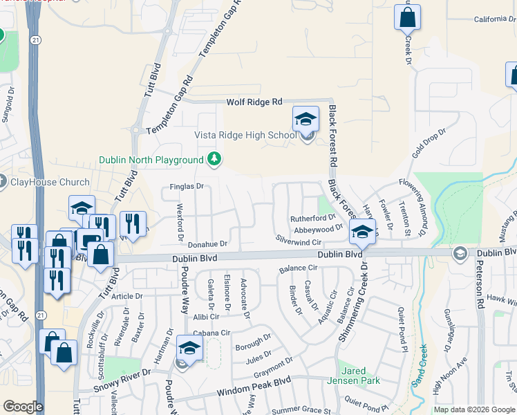 map of restaurants, bars, coffee shops, grocery stores, and more near 6647 Donahue Drive in Colorado Springs