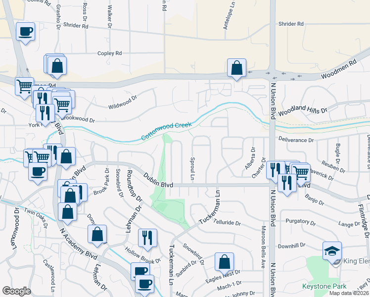 map of restaurants, bars, coffee shops, grocery stores, and more near 6634 Sproul Lane in Colorado Springs