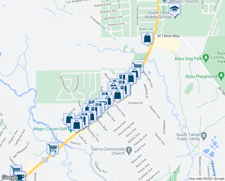 map of restaurants, bars, coffee shops, grocery stores, and more near 2649 Lake Tahoe Boulevard in South Lake Tahoe