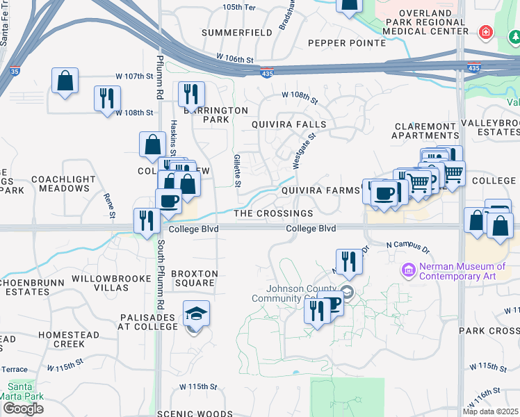 map of restaurants, bars, coffee shops, grocery stores, and more near 12727 West 110th Terrace in Overland Park