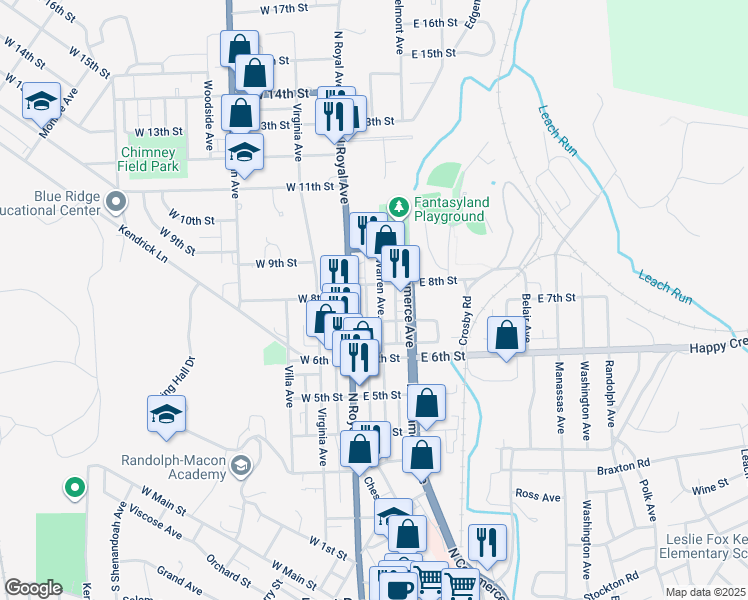 map of restaurants, bars, coffee shops, grocery stores, and more near 718 Warren Avenue in Front Royal
