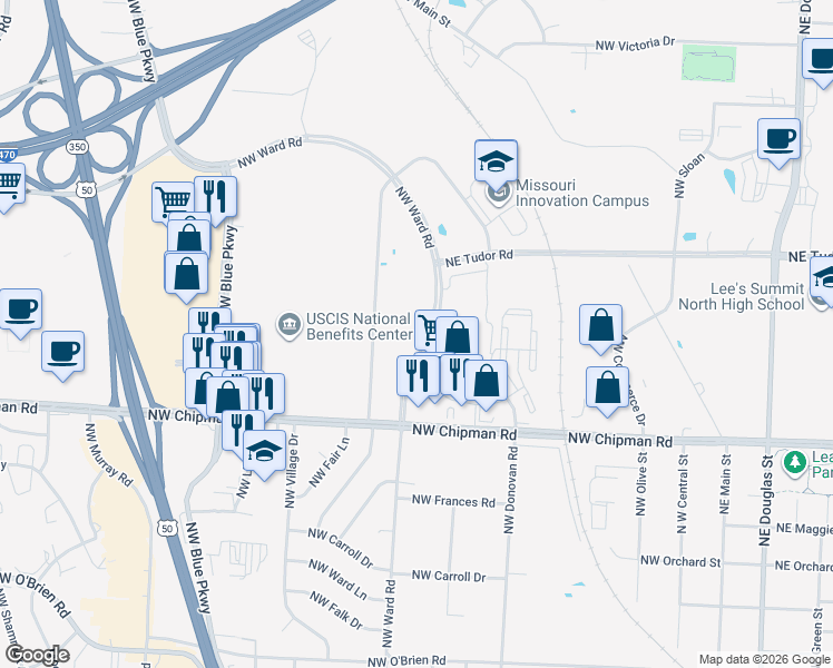 map of restaurants, bars, coffee shops, grocery stores, and more near 800 Northwest Ward Road in Lee's Summit