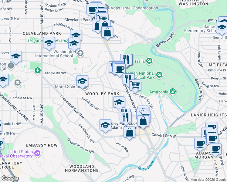map of restaurants, bars, coffee shops, grocery stores, and more near 2869 28th Street Northwest in Washington