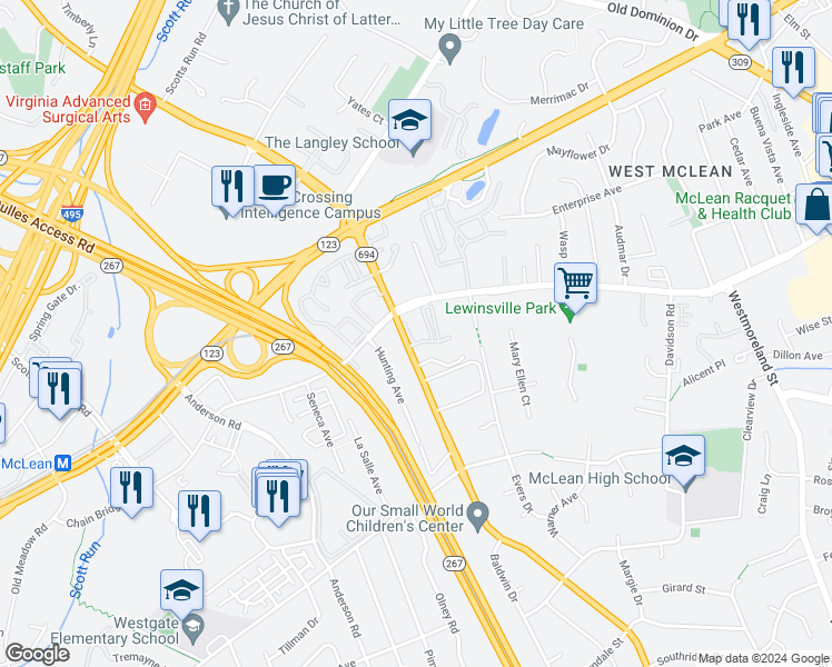 map of restaurants, bars, coffee shops, grocery stores, and more near 1507 McLean Corner Lane in McLean