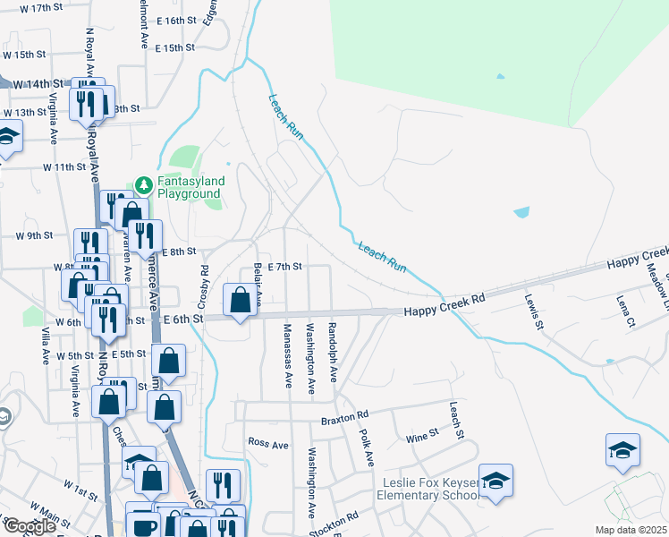 map of restaurants, bars, coffee shops, grocery stores, and more near 623 Randolph Avenue in Front Royal