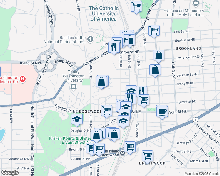 map of restaurants, bars, coffee shops, grocery stores, and more near 2863 Chancellor's Way Northeast in Washington