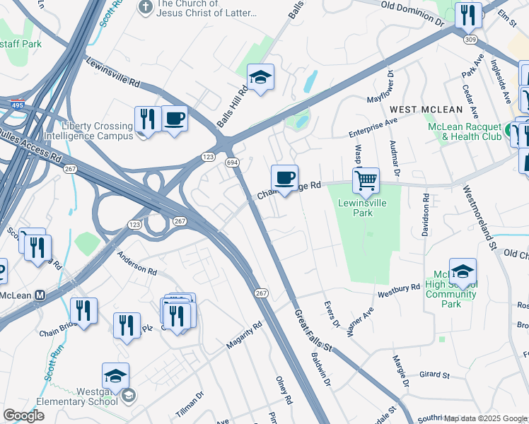 map of restaurants, bars, coffee shops, grocery stores, and more near 1507 McLean Corner Lane in McLean