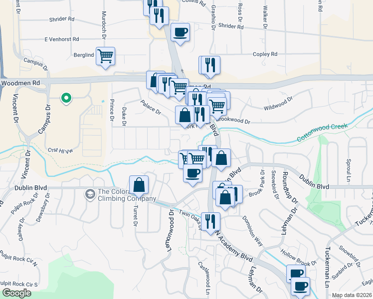 map of restaurants, bars, coffee shops, grocery stores, and more near 6689 Bethesda Point in Colorado Springs