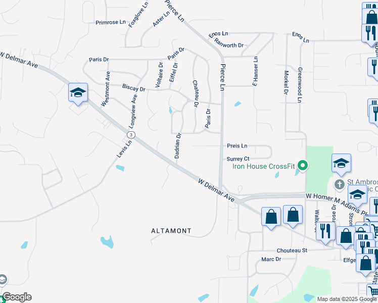 map of restaurants, bars, coffee shops, grocery stores, and more near 1353 Normandy Drive in Godfrey