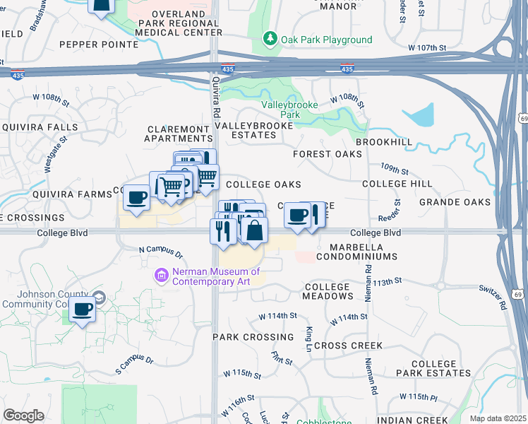 map of restaurants, bars, coffee shops, grocery stores, and more near 10985 Cody Street in Overland Park