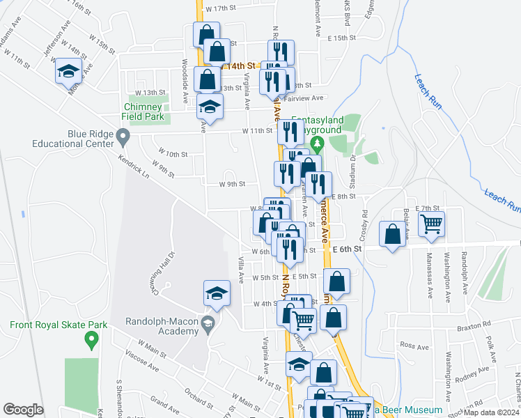 map of restaurants, bars, coffee shops, grocery stores, and more near 100 West 8th Street in Front Royal