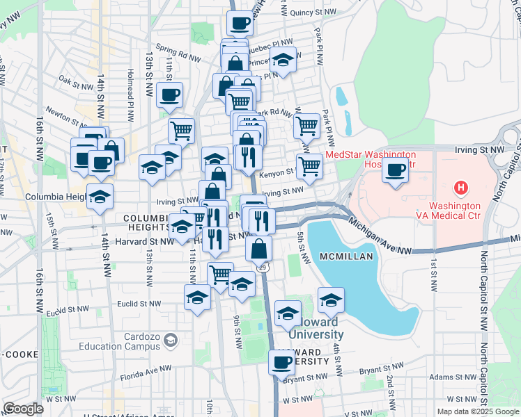 map of restaurants, bars, coffee shops, grocery stores, and more near 3003 Georgia Avenue Northwest in Washington