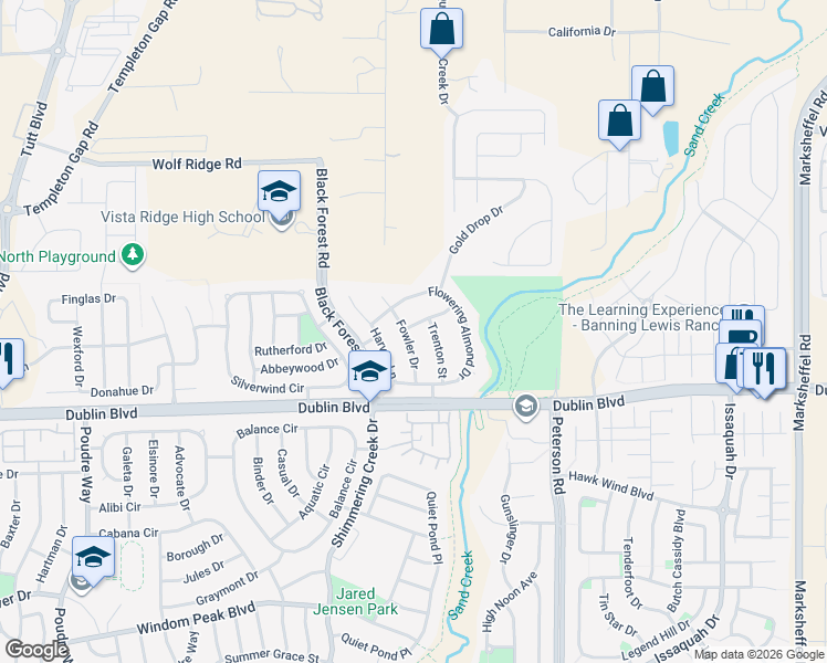 map of restaurants, bars, coffee shops, grocery stores, and more near 6585 Fowler Drive in Colorado Springs