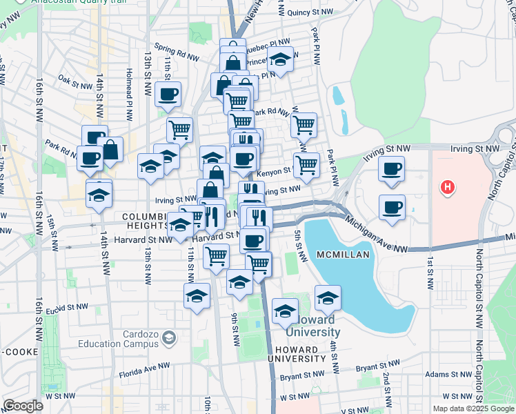 map of restaurants, bars, coffee shops, grocery stores, and more near 3003 Georgia Avenue Northwest in Washington