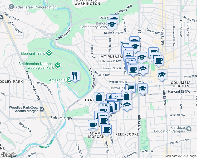 map of restaurants, bars, coffee shops, grocery stores, and more near 1845 Harvard Street Northwest in Washington