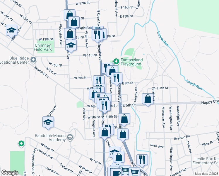 map of restaurants, bars, coffee shops, grocery stores, and more near 722 Warren Avenue in Front Royal