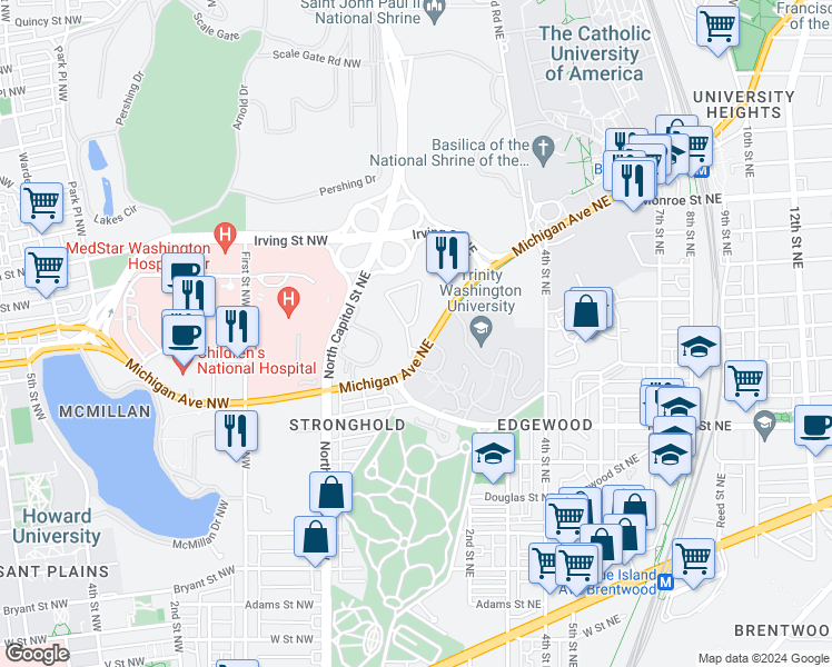 map of restaurants, bars, coffee shops, grocery stores, and more near 150 Cloisters in Washington